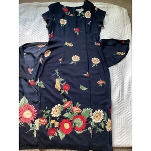 Jessica Howard Vintage‎ Navy Floral Midi Dress Rayon Size 12 Made in USA